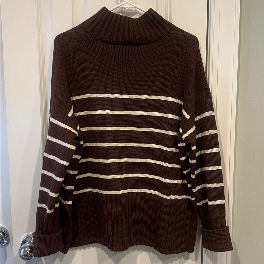 NWOT Gap Small Oversized 24/7 Split-Hem Mockneck Sweater Brown Striped Rib Trim - Picture 8 of 8